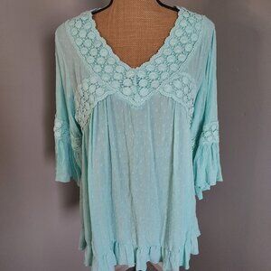 JW Style Aqua Boho Crochet Lace Swiss Dot Top M